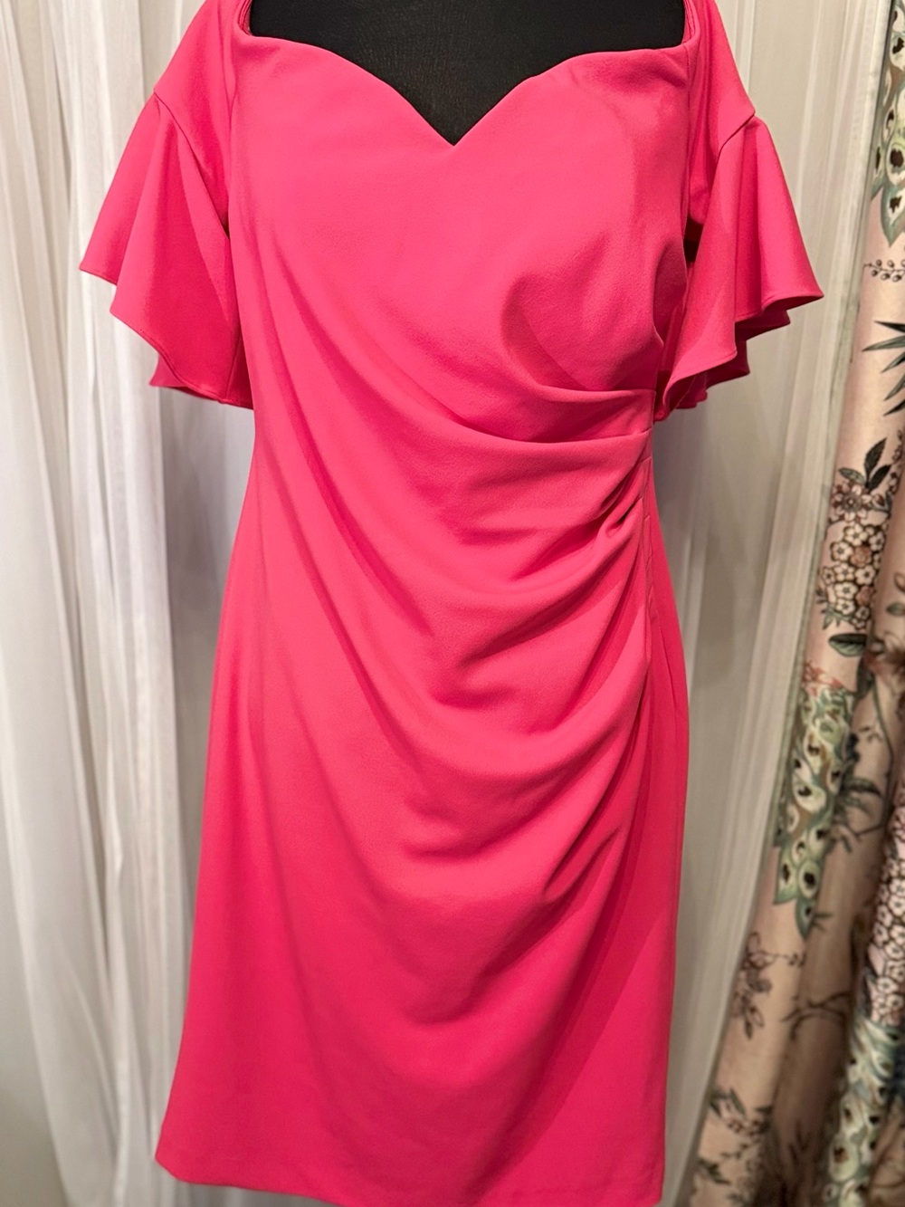 Calvin Klein Pink Ruched Flutter Sleeve Sheath Dress Size 14 Like New